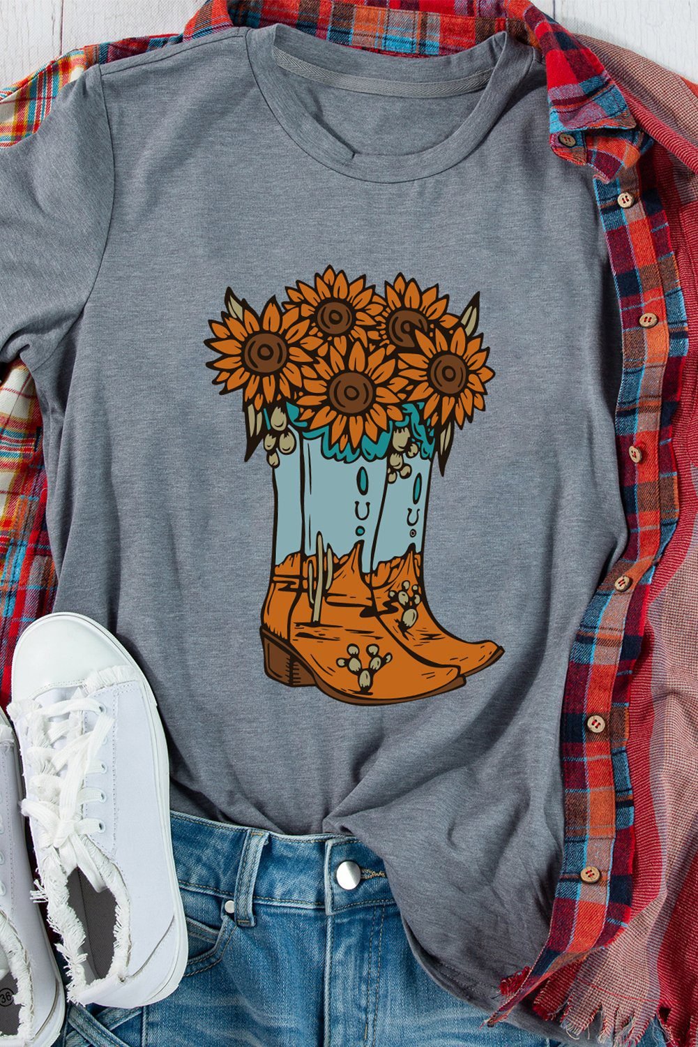 Gray Sunflower Cowgirl Boots Print Western Fashion T Shirt