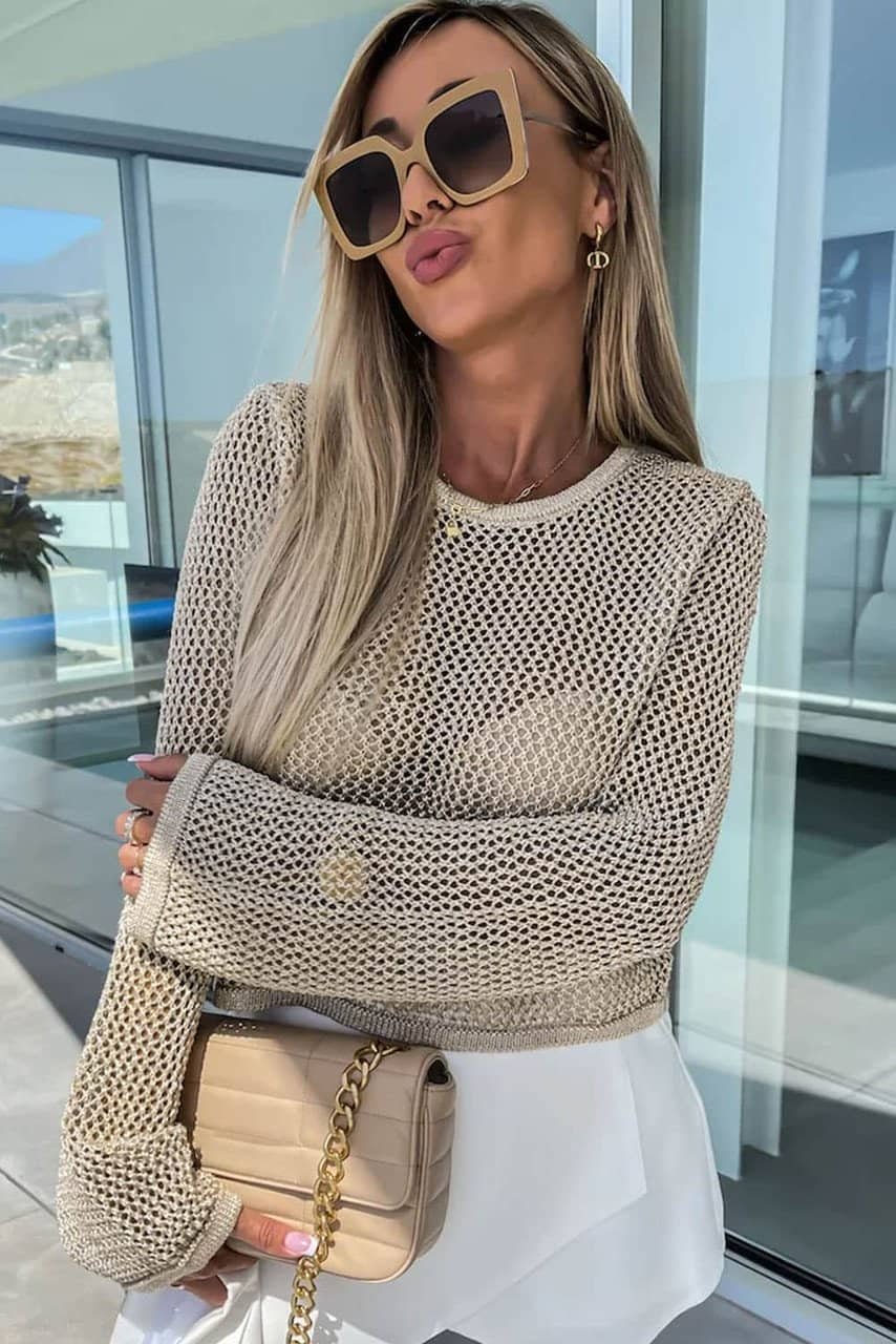 Khaki Hollow-Out Knit Long Sleeve Top