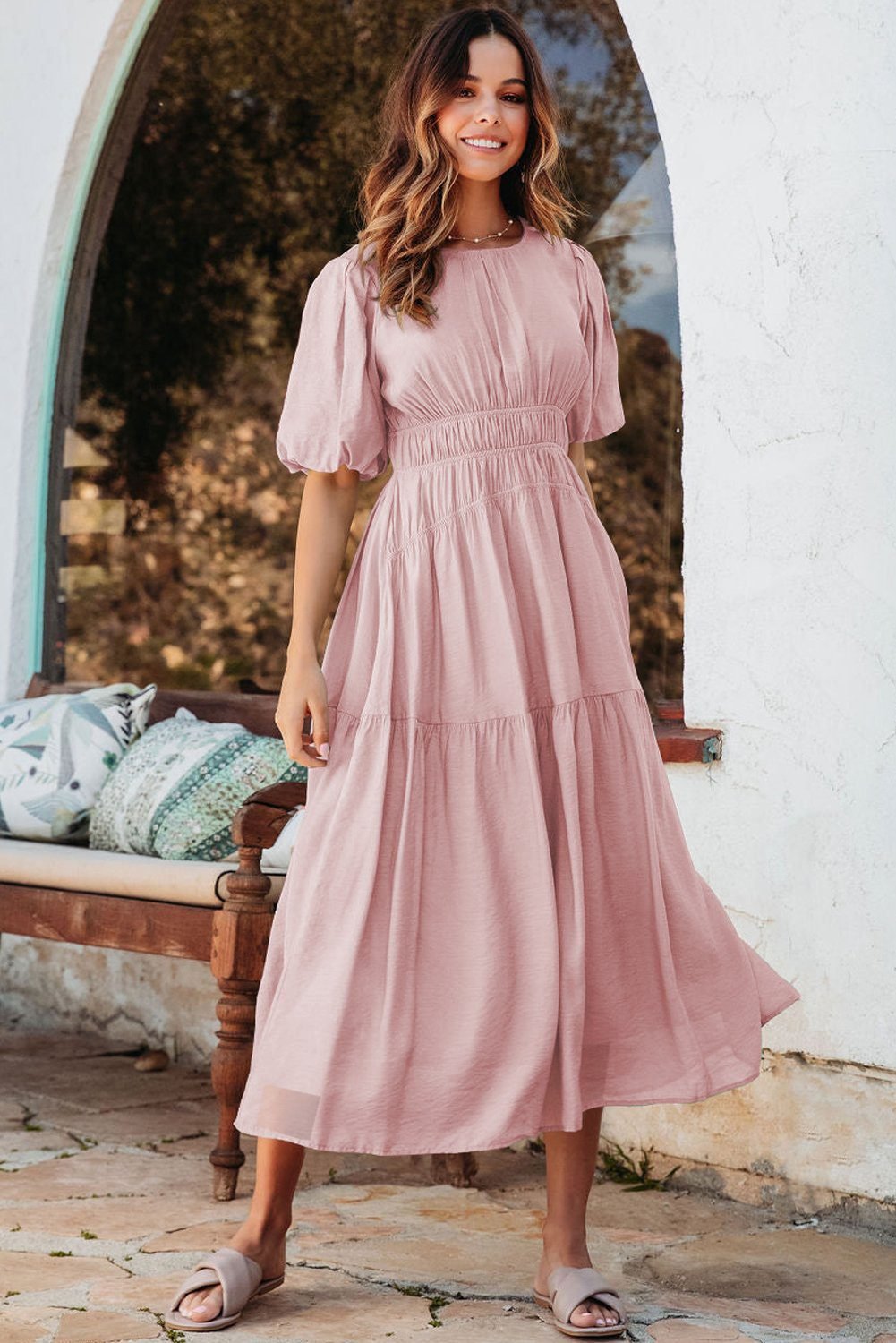 Pink Puff Sleeve Pleated High Waist Flowy Midi Dress