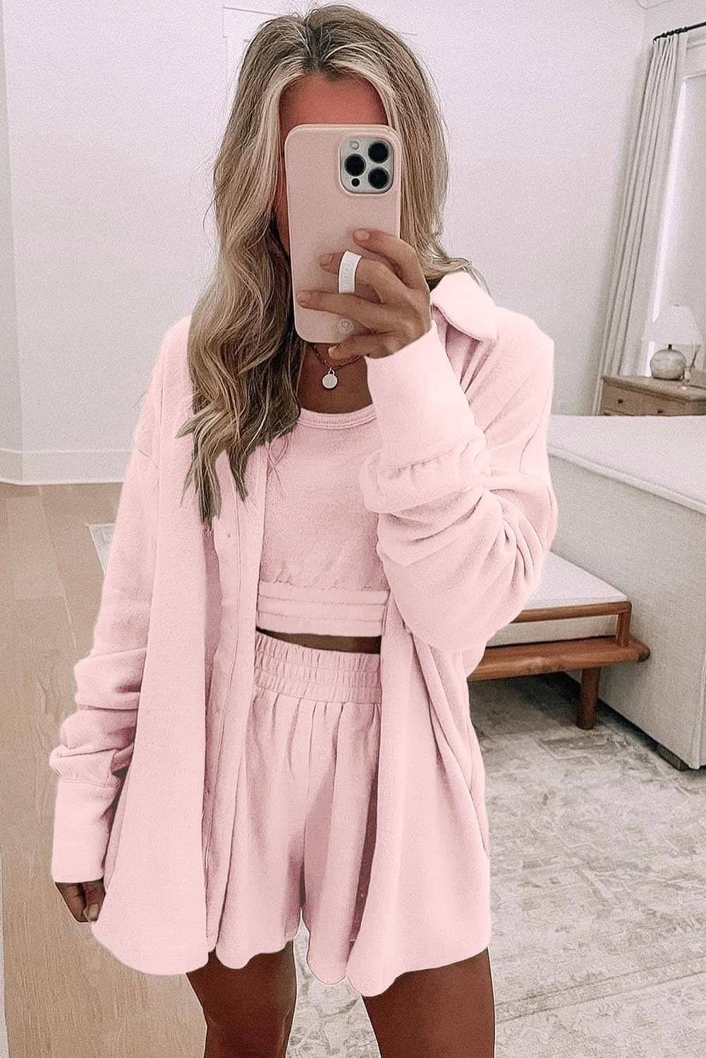 Light Pink 3 Pcs Crop Tank Top Shorts With Cardigan Lounge Set