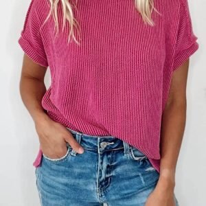 Rose Red Textured Knit Exposed Stitching T-Shirt