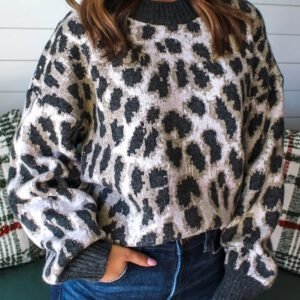 Carbon Grey Leopard Drop Shoulder Baggy Sweater