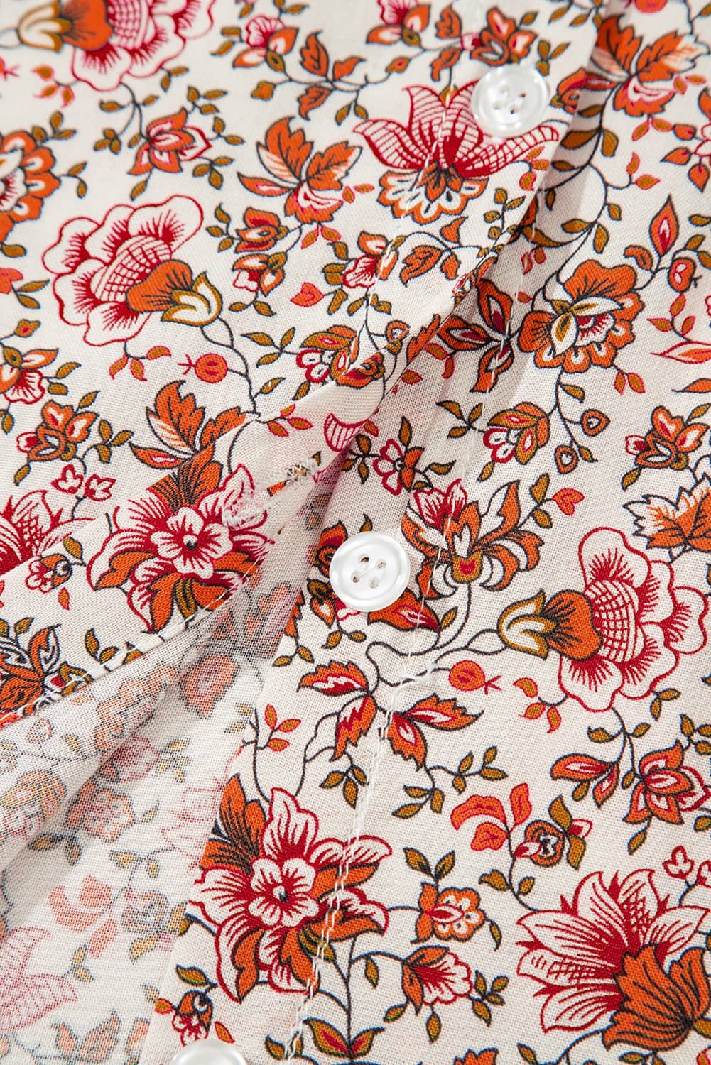 Red Floral Print Pleated Detail Notched Neck Puff Sleeve Blouse