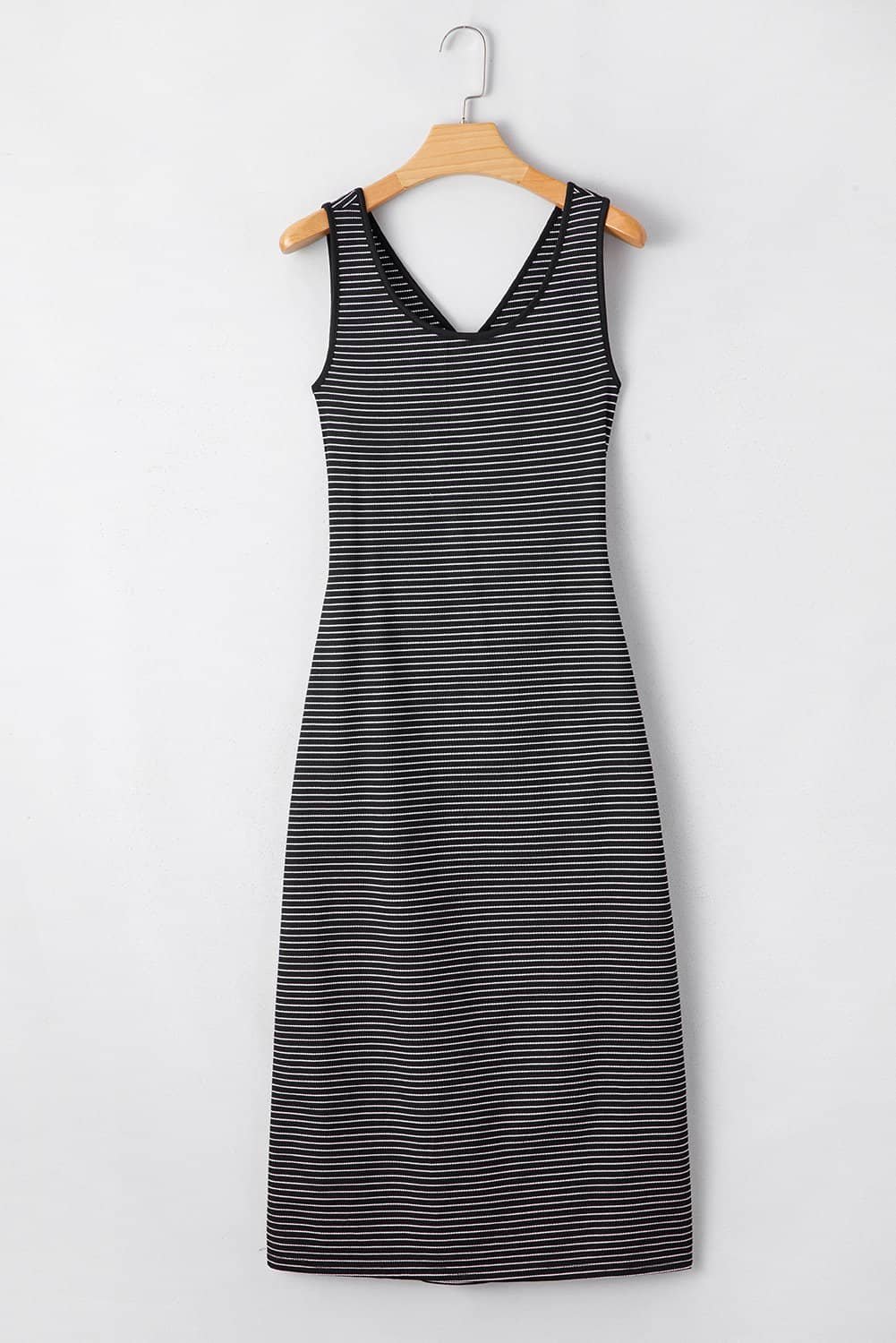 Black Stripe Criss Cross Side Slits Slim Fit Sleeveless Midi Dress