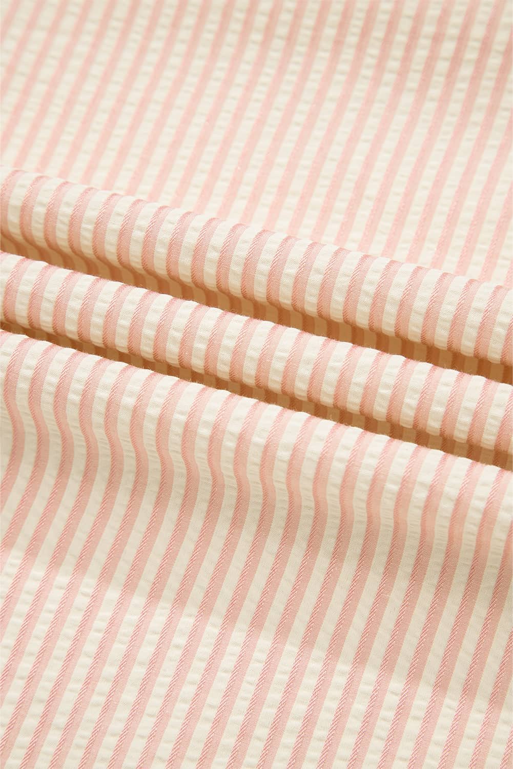 Pink Stripe Bow Knot Cuff Pearl Embellished Puff Sleeve V Neck Blouse