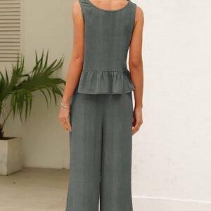 Duffel Green Solid Color Ribbed Ruffle Tank Top And Pants Set