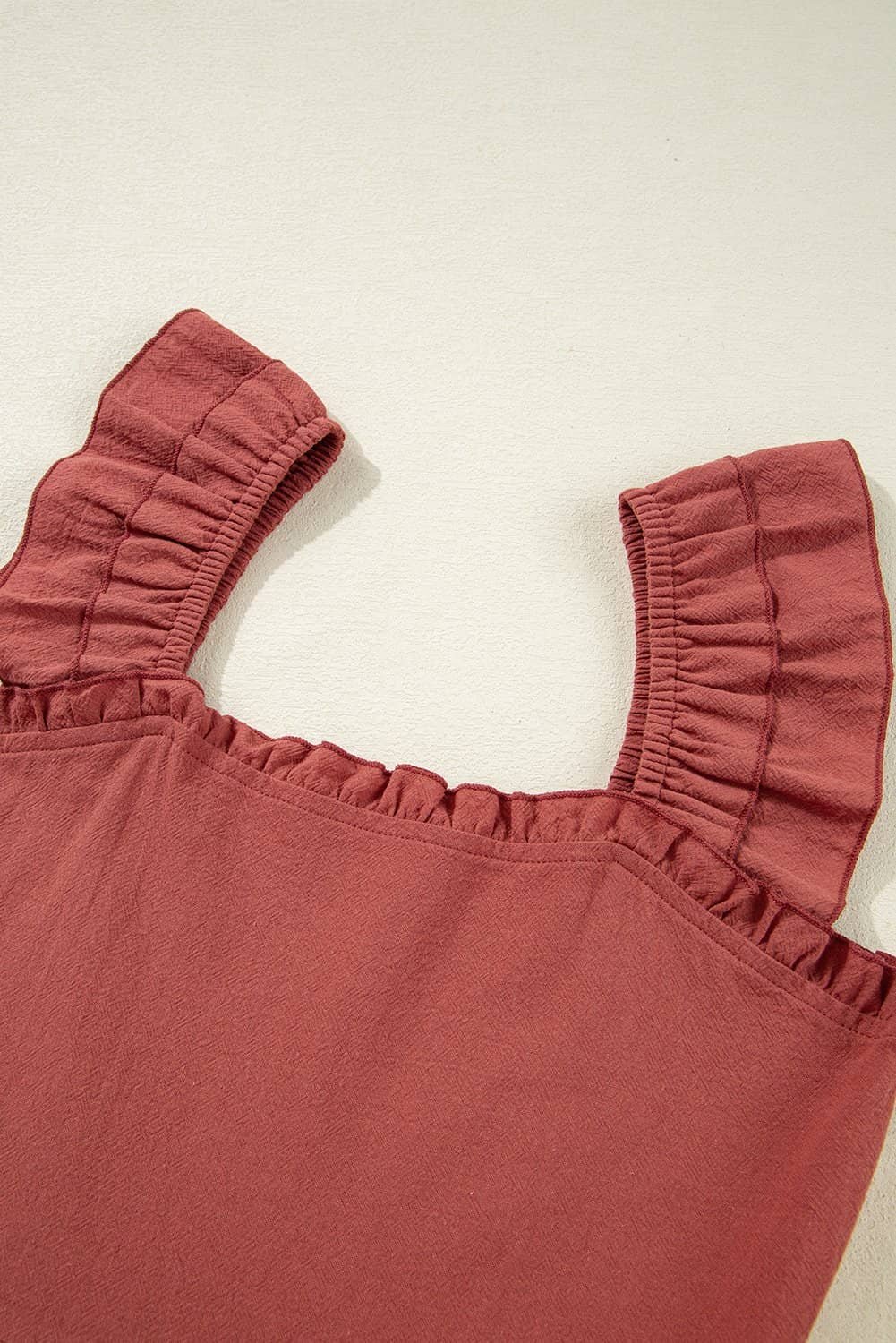 Red Sandalwood Geometric Stitch Shirred Bodice Ruffled Trim Sleeveless Mini Dress