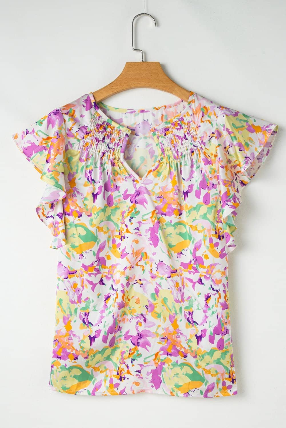 Purple Abstract Printed Ruffled Short Sleeve Notched Neck Blouse