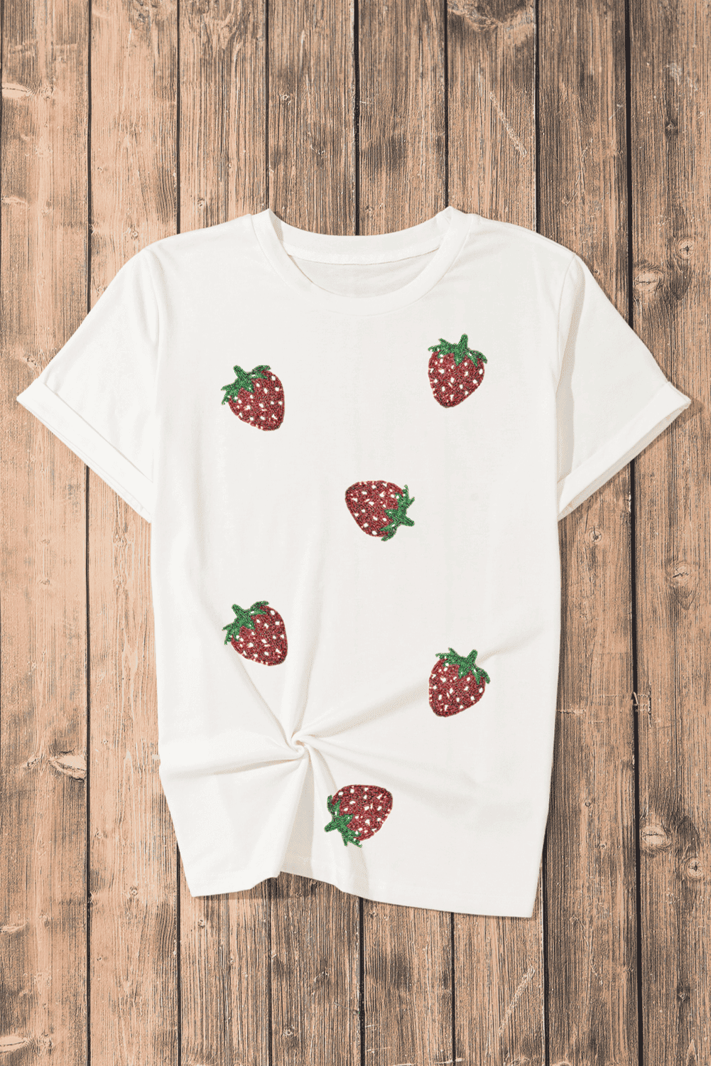White Sequin Strawberry Patched Crew Neck T Shirt