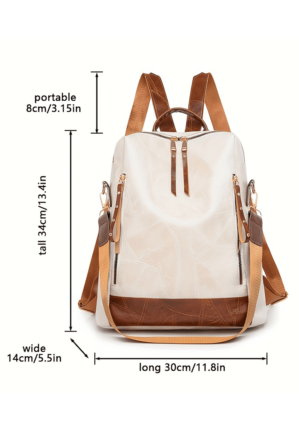 White Multi Compartment Zipper Pu Leather Large Capacity Backpack