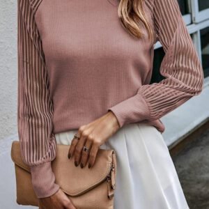 Pink Black Striped Mesh Long Sleeve Crewneck Ribbed Top