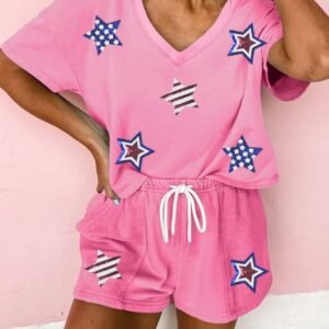 Bonbon Sequin American Flag Star Patch V Neck Tee And Short Set