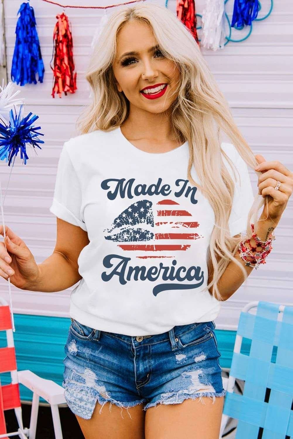 White Made In America Lip Printed O Neck T Shirt