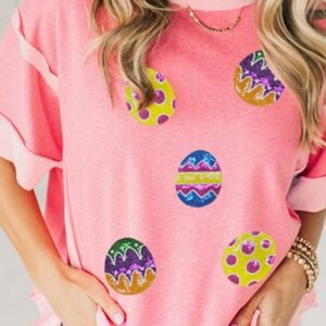 Peach Blossom Sequined Easter Eggs Contrast Patchwork Detail Short Sleeve Blouse