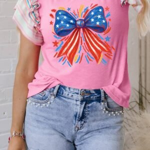 Bonbon Independence Celebration Bowknot Graphic Ruffled Sleeve Ribbed Summer Top
