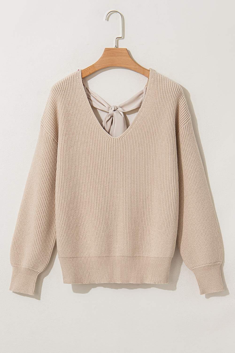 Apricot Lantern Sleeve V Neck Knot Back Sweater