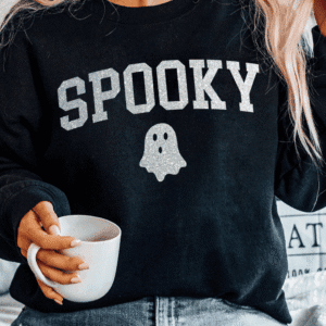 Black Glitter Spooky Ghost Pattern Crew Neck Halloween Sweatshirt
