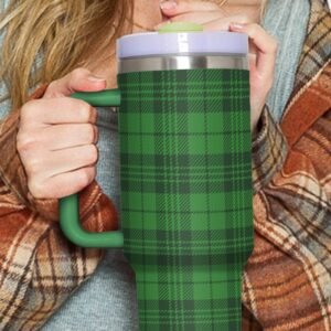 Dark Green Plaid Print Handle Stainless Vacuum Cup 1200Ml