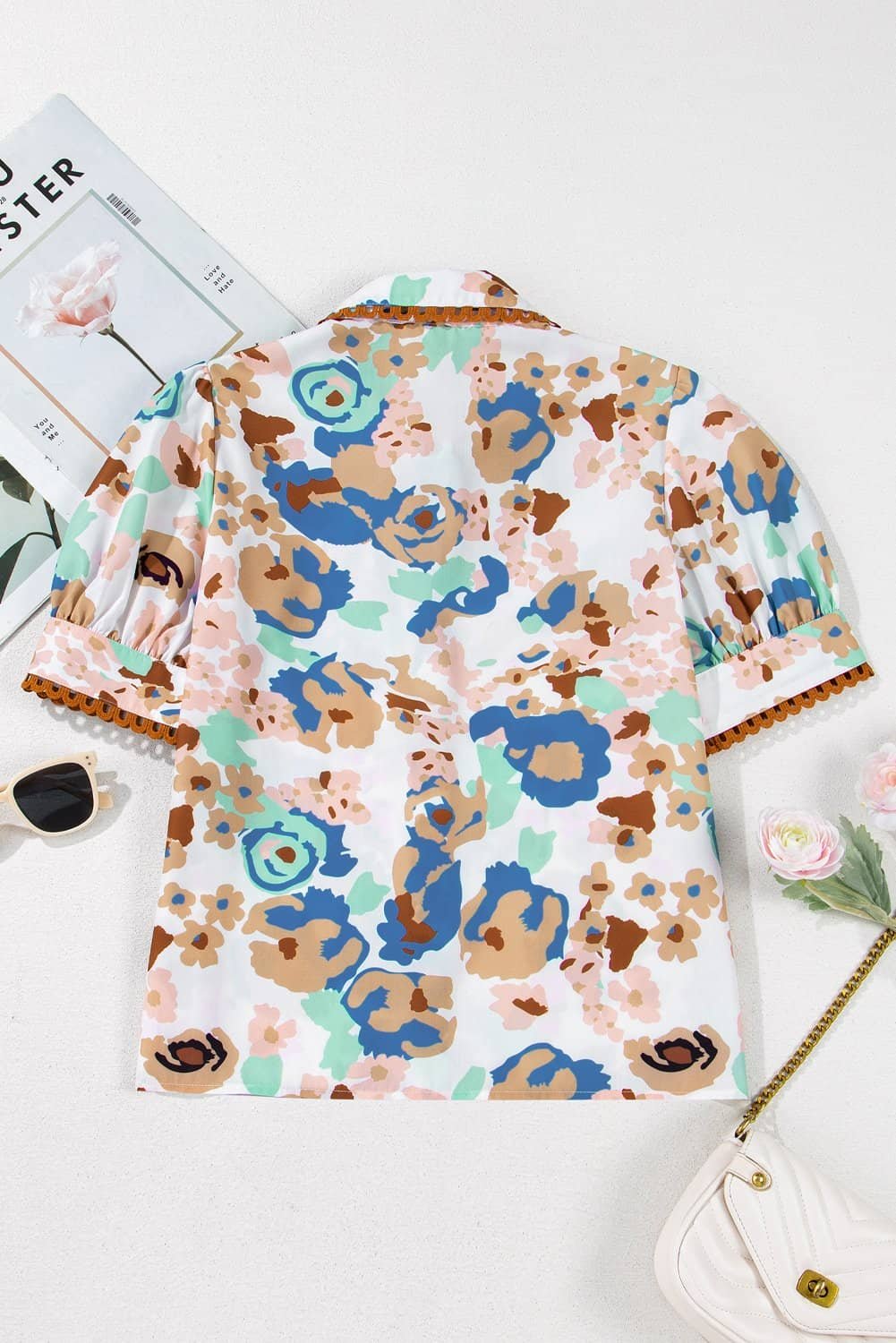 Multicolour Floral Print Ricrac Trim Collared Puff Short Sleeve Shirt