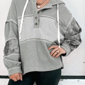 Gray Waffle Printed Patchwork Drawstring Hooded Long Sleeve Top
