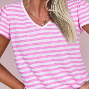 Bonbon Striped V Neck Ruffle Short Sleeve Top