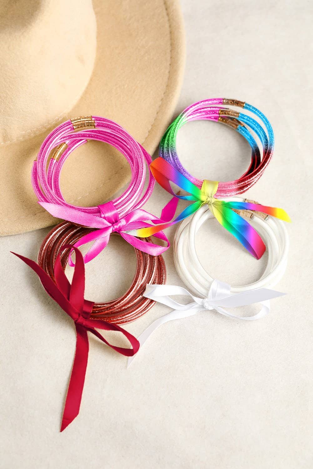 Pink 5Pcs Glitter Jelly Bow Knot Ribbon Bracelet Set