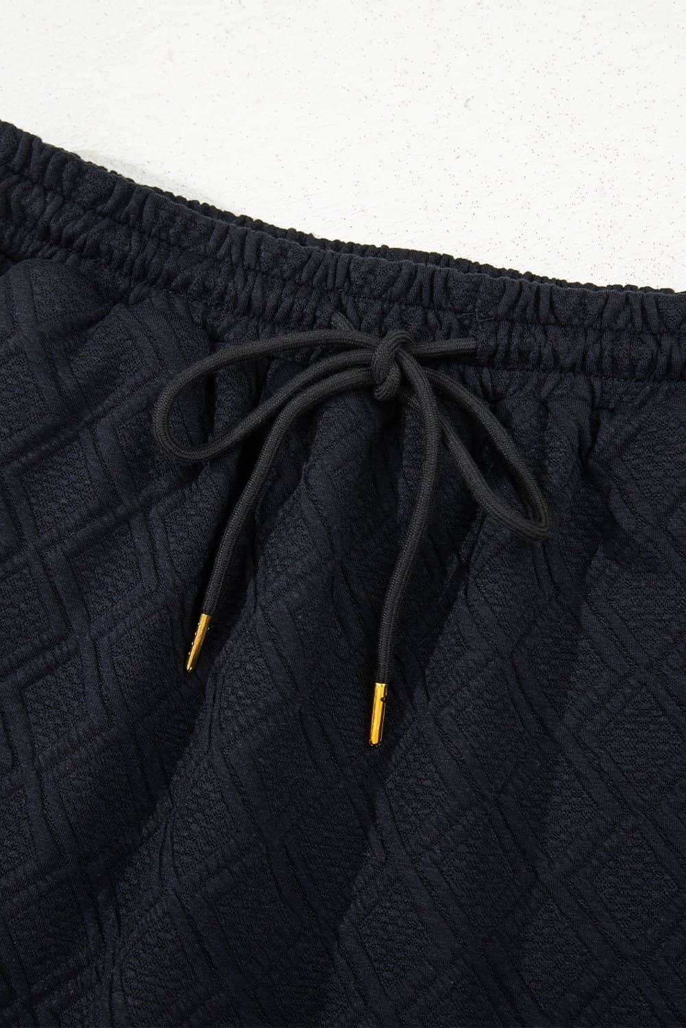 Color Black Striped Collared Zip Up Textured Skirt Set