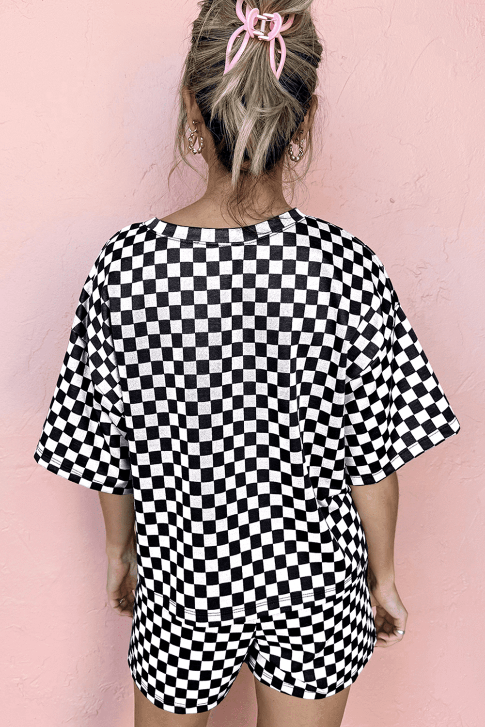 Black Sequined Crawfish Checkered Half Sleeve Top And Shorts Lounge Set