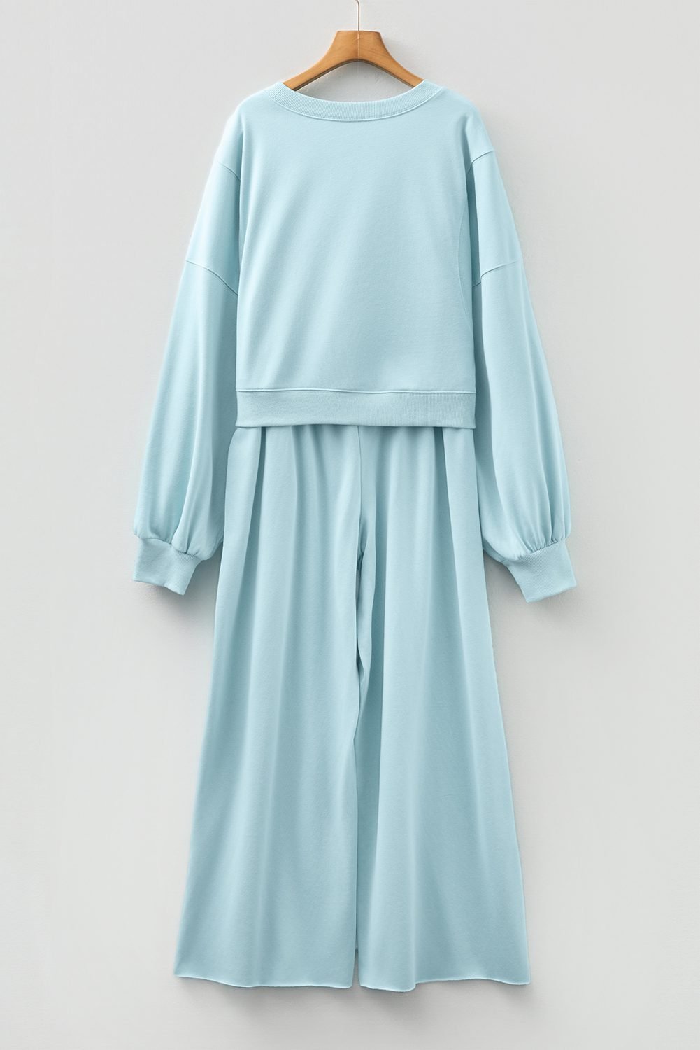Mist Blue Drop Shoulder Puff Sleeve Crop Pullover Drawstring Wide Leg Pants Set