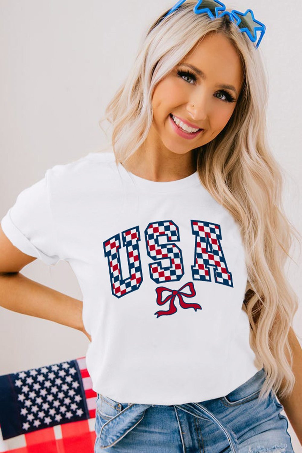 White Checkered Usa Graphic Casual Tee