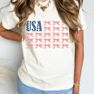White Usa Flag Bow Knot Print Round Neck T Shirt