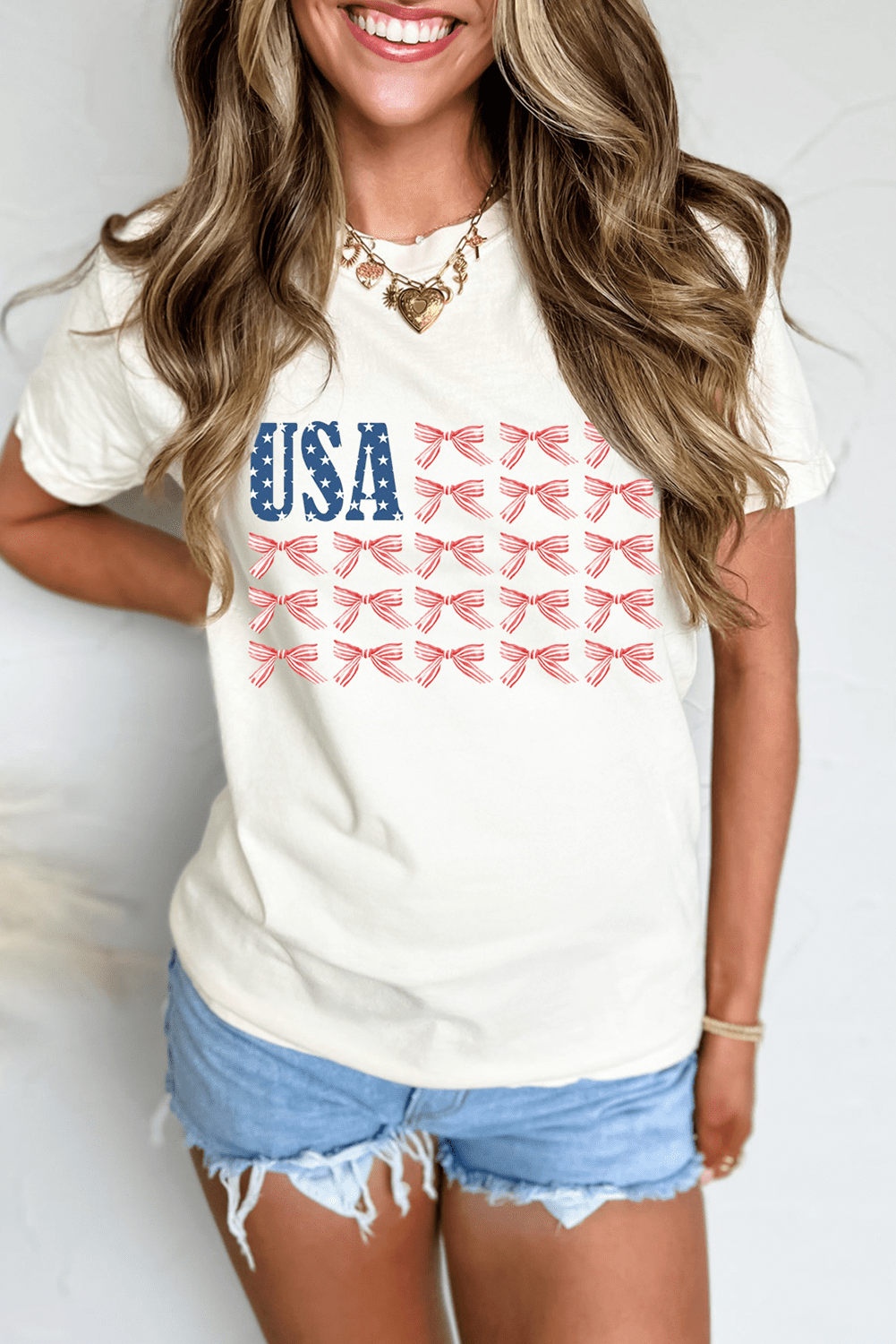 White Usa Flag Bow Knot Print Round Neck T Shirt