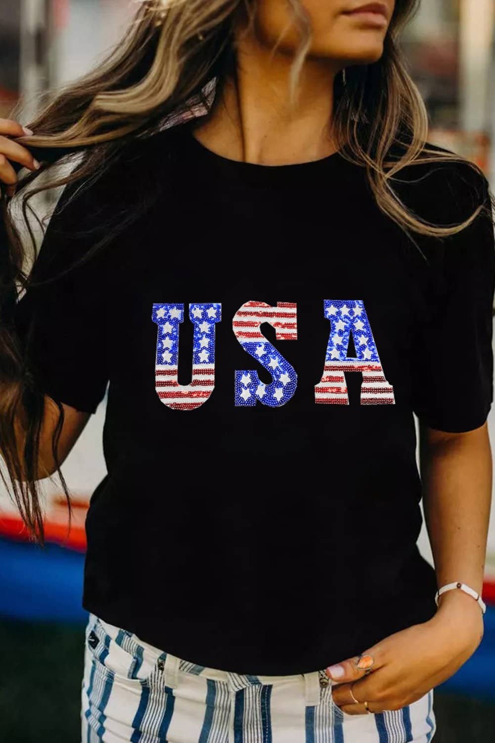 Black Usa Stars And Stripes Crew Neck Graphic Tee