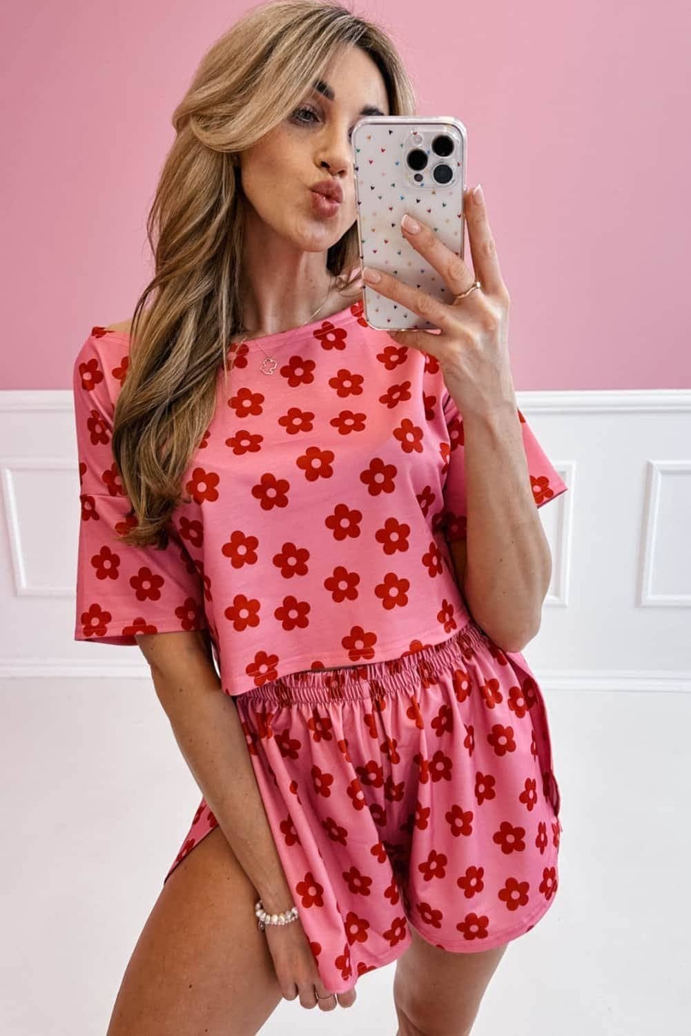 Rose Floral Print Crop Tee And Shorts Lounge Set