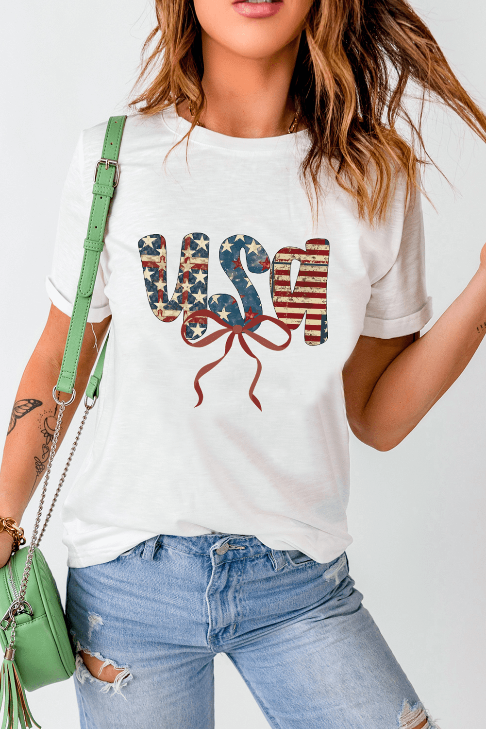 White Usa Bow Letter Graphic Independence Day Fashion Tee