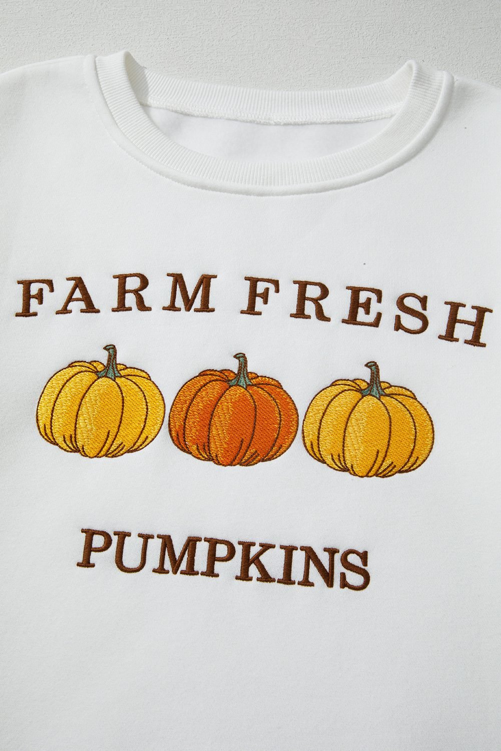 White Farm Fresh Pumpkins Embroidered Graphic Thanksgiving Holiday Sweatshirt