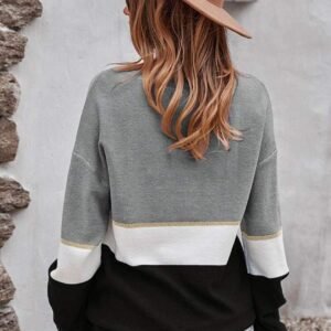 Gray Colorblock V Neck Sweater
