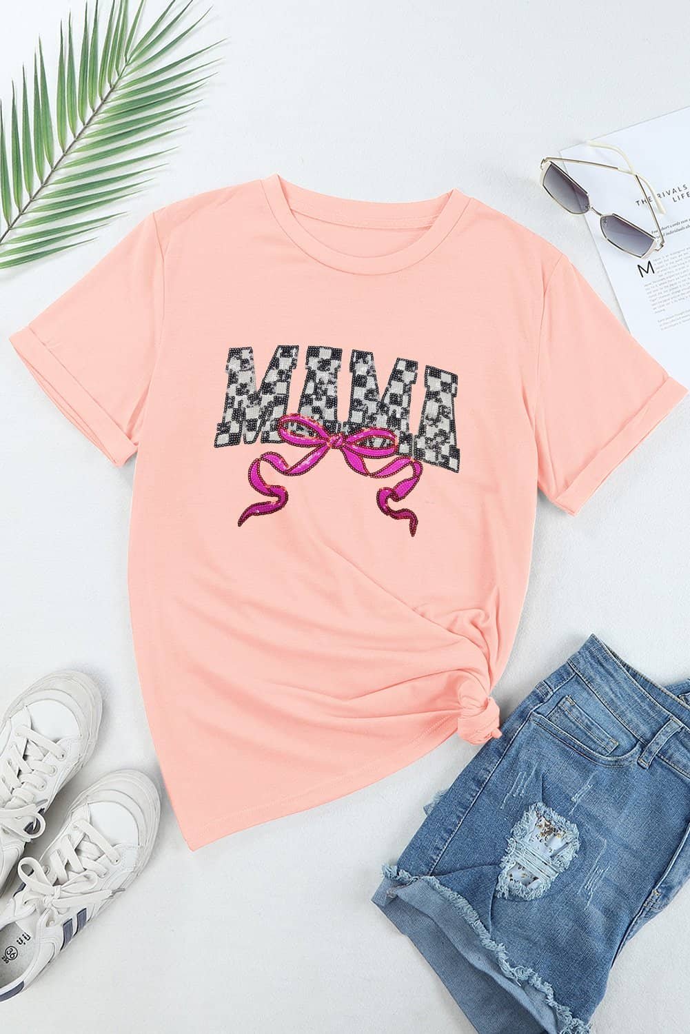 Pink Sequin Checkered Mama Bow Graphic T Shirt