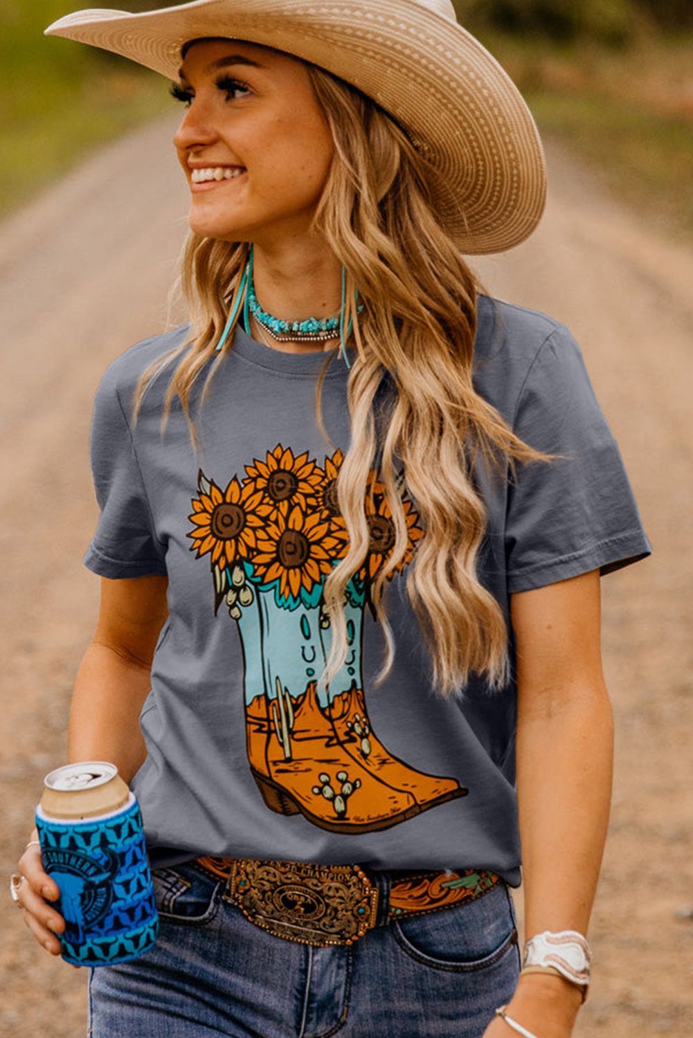 Gray Sunflower Cowgirl Boots Print Western Fashion T Shirt