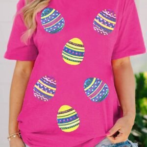 Rose Red Sequin Easter Egg Graphic Casual T Shirt