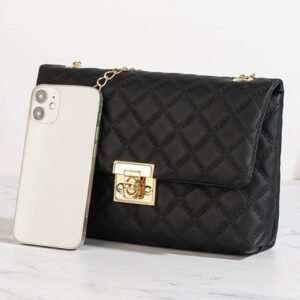 Black Textured Pu Leather Gold Chain Buckle Single Shoulder Bag