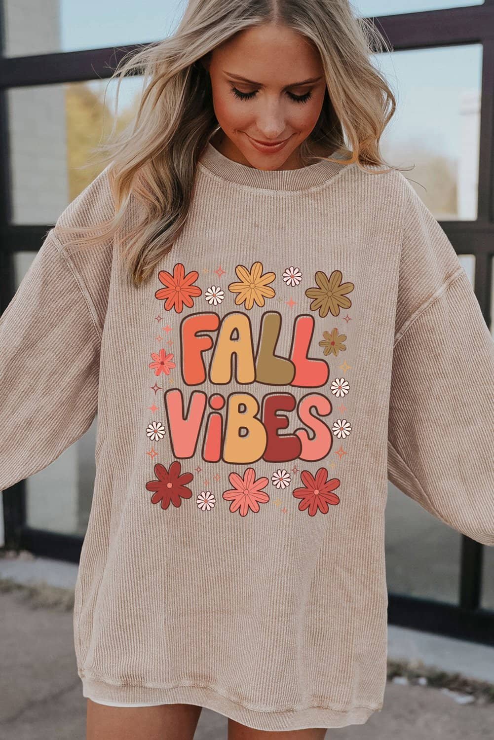 Apricot Twisted Rib Fall Vibe Graphic Baggy Sweatshirt