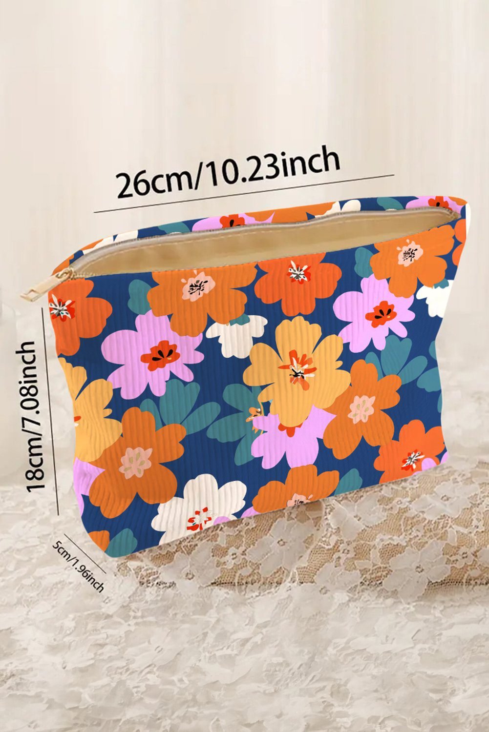 Ashleigh Blue Flower Print Zipper Corduroy Large Cosmetic Bag