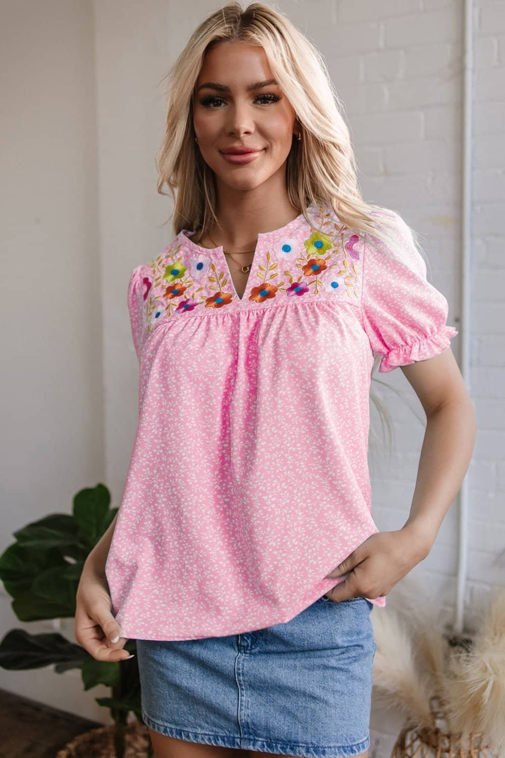 Pink Floral Embroidered Puff Sleeve Notched V Neck Blouse