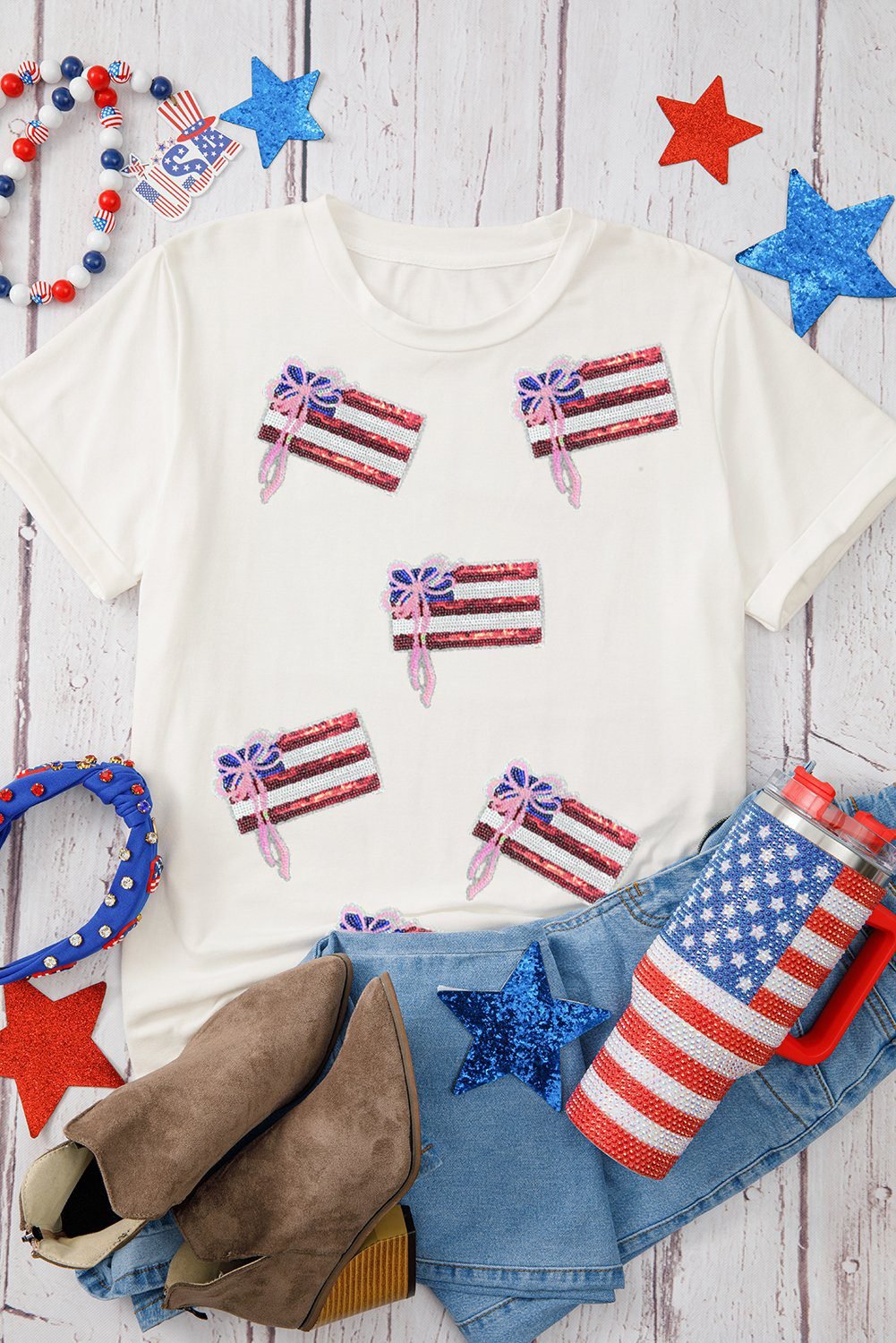 White Sequin Bow American Flag Patched T Shirt
