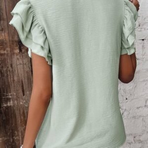 Clearly Aqua Solid Color Ruffled Short Sleeve Casual Blouse