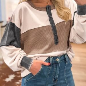 Jet Stream Color Block Waffled Patchwork Loose Henley Top