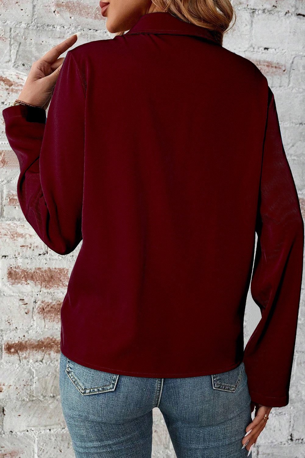 Red Dahlia Collar Tab Sleeve Zip Up Flap Detail Jacket