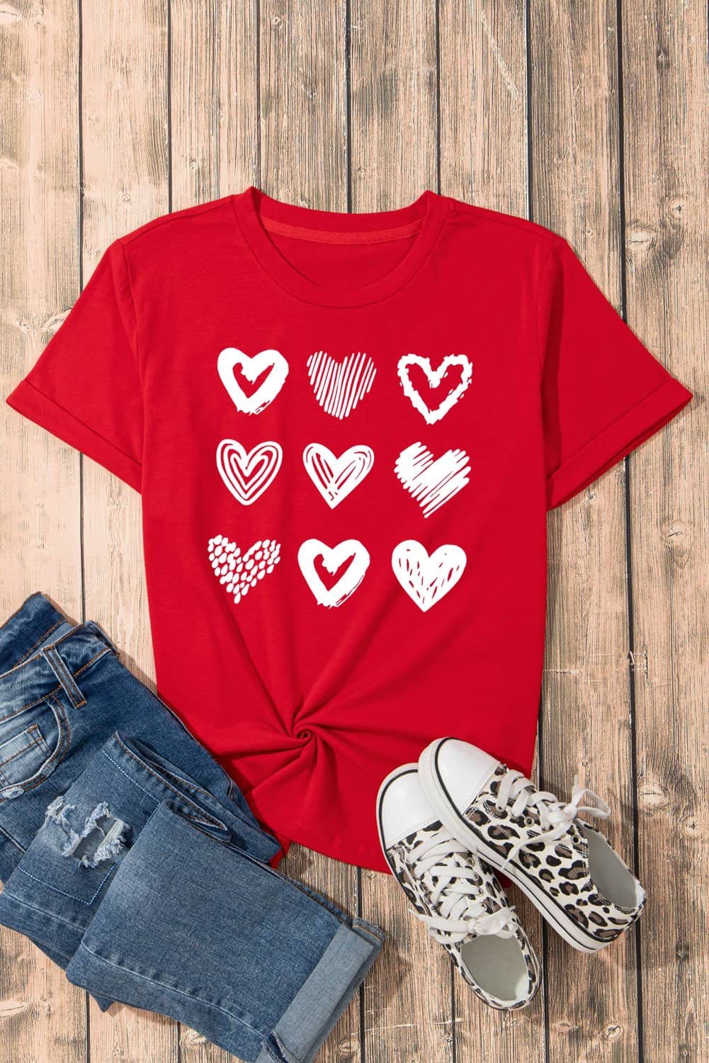 Red Diverse Heart Printed Crewneck Valentines Tee