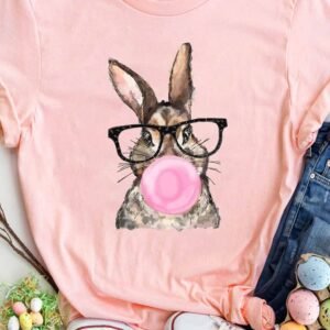 Pink Easter Rabbit Print Round Neck Casual Tee